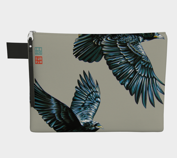 With adversity comes fortitude. There are winds we will face in our lifetime some lift us up and some pull us down. When you are facing the wind on the hill it is the wingbeat of a friend that can carry us through.  Carry-all zipper pouches featuring printed raven artwork by talented Canadian artist Leah Pipe. Denim-lined carry-alls come in 4 handy sizes to make toting and organizing almost anything effortless.