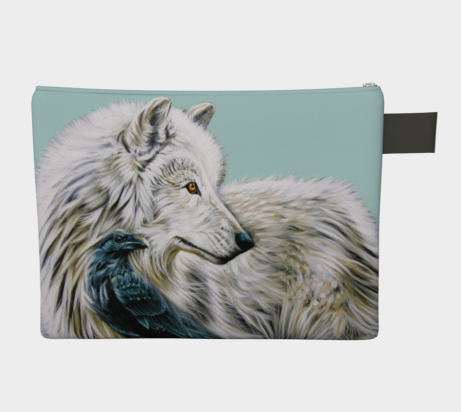 Carry-all zipper pouches featuring printed artwork of a wolf & a raven by talented Canadian artist Leah Pipe. Denim-lined carry-alls