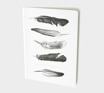 Notebook or sketchbook for writers or those who like to scribble with painting by Canadian artist Leah Pipe. Five Feathers. Book with feathers on the cover. Book with pencil drawing. Gifts for writers