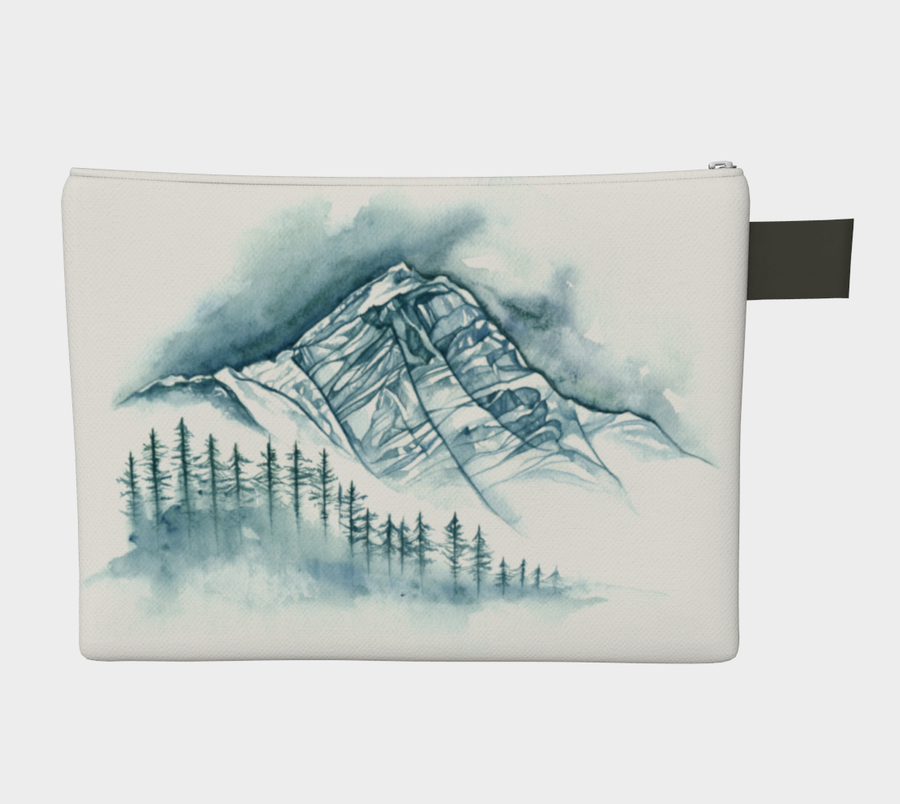 Carry-all zipper pouches featuring printed artwork of the beautiful watercolour of Hazelton mountain ranges by Canadian artist Leah Pipe.. Denim-lined carry-alls come in 4 handy sizes