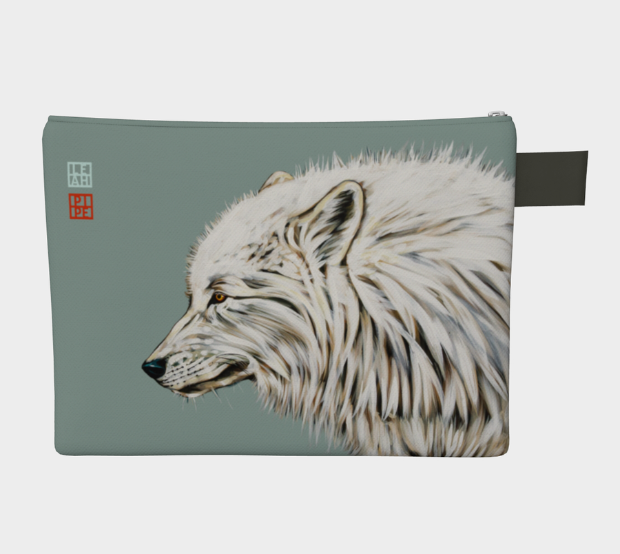 Carry-all zipper pouches featuring printed artwork 'Dreaming of a White Wolf' by talented Canadian artist Leah Pipe. Denim-lined carry-alls