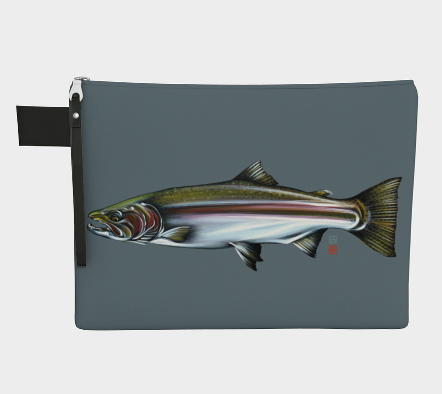 Zip pouch with Steelhead salmon painting by Canadian Artist Leah Pipe