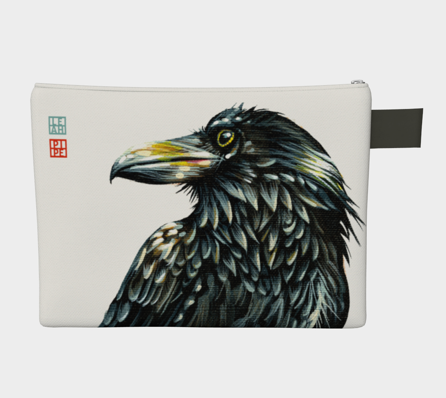 Carry-all zipper pouches featuring printed raven artwork 'The Watcher' by talented Canadian artist Leah Pipe. Denim-lined carry-alls come in 4 handy sizes to make toting and organizing almost anything effortless.