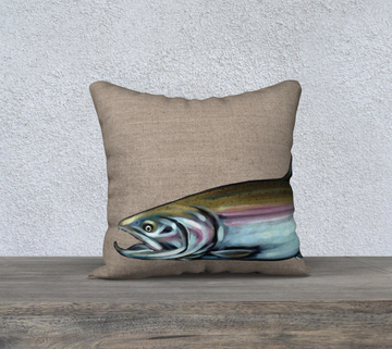 Pillow case with painting of a steelhead salmon by Canadian Artist Leah Pipe
