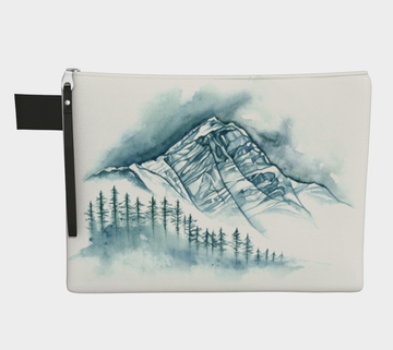 Carry-all zipper pouches featuring printed artwork of the beautiful watercolour of Hazelton mountain ranges by Canadian artist Leah Pipe.. Denim-lined carry-alls come in 4 handy sizes