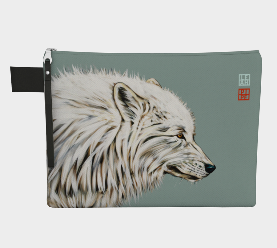 Carry-all zipper pouches featuring printed artwork 'Dreaming of a White Wolf' by talented Canadian artist Leah Pipe. Denim-lined carry-alls