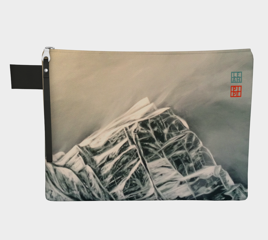 Carry-all zipper pouches featuring printed artwork by talented Canadian artist Leah Pipe. Denim-lined carry-alls come in 4 handy sizes to make toting and organizing almost anything effortless. Mountain painting 'The Difference Between Here and Above'