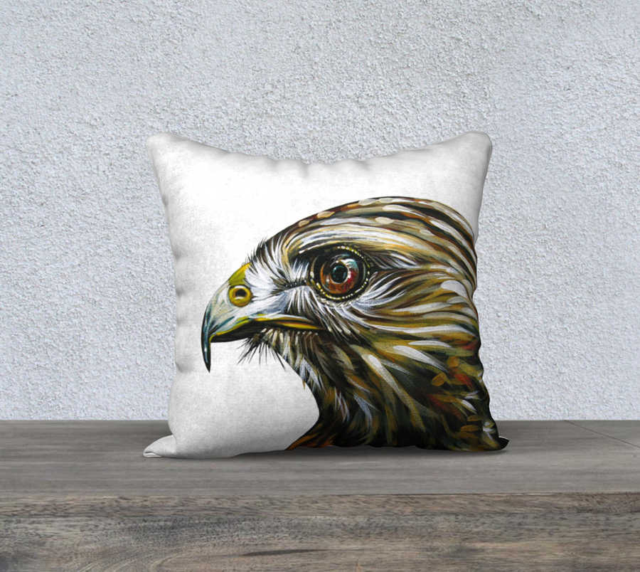 Printed pillow case with hawk image from painting by Candian artist leah Pipe
