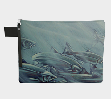 Carry-all zipper pouches featuring printed artwork of steelhead salmon swimming by talented Canadian artist Leah Pipe. Denim-lined carry-alls come in 4 handy sizes