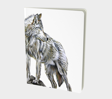 Notebook or sketchbook for writers or those who like to scribble with painting by Canadian artist Leah Pipe. The leader. A wolf painting on a book. 
