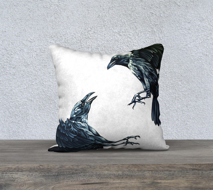 Pillow case with painting of ravens fighting by Canadian Artist Leah Pipe