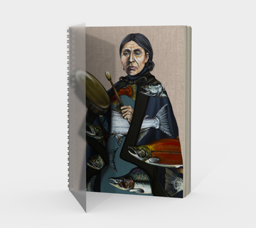 Spiral Bound notebook with paintings by Canadian artist Leah Pipe 'Salmon Song'  Great gifts for writers. Great gifts for fisherman. Painting with First nations woman playing a drum with salmon images in her dress