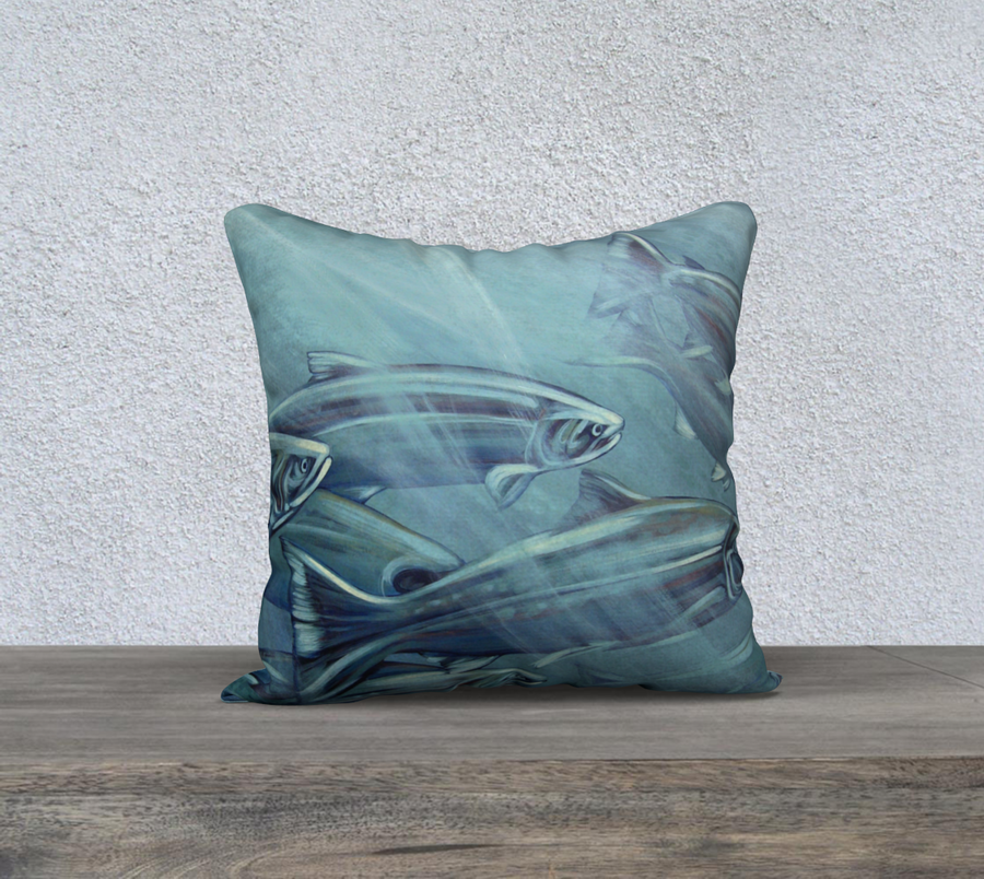 Pillow case with fish painting  by Canadian Artist Leah Pipe