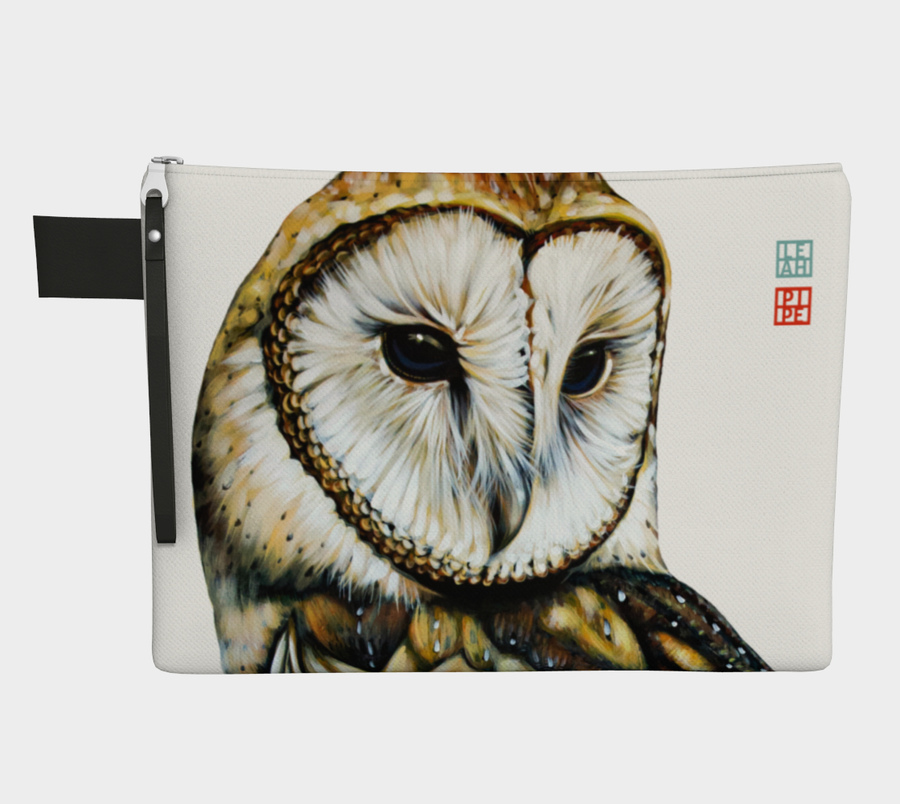 For each household there is an owl that is assigned to guard the home. They come out at night to hunt and keep an eye out for the homestead.  Carry-all zipper pouches featuring printed artwork by talented Canadian artist Leah Pipe. Denim-lined carry-alls come in 4 handy sizes 