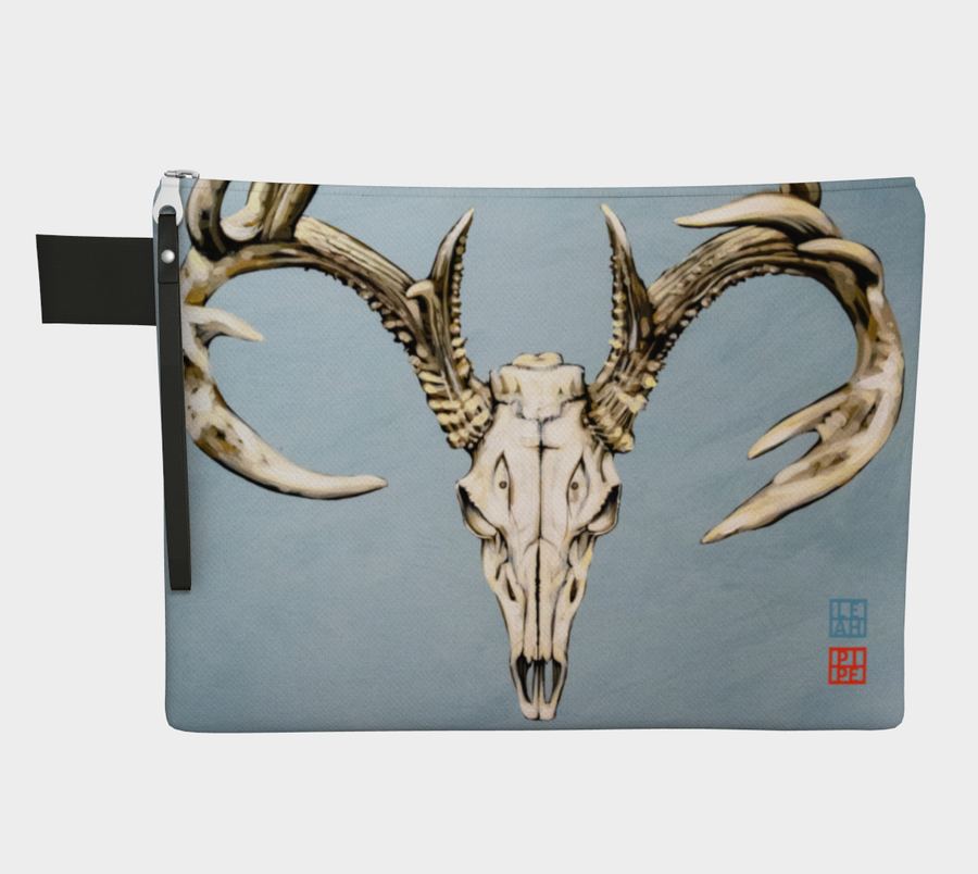 Carry-all zipper pouches featuring printed animal skull artwork from talented Canadian artist Leah Pipe. Denim-lined carry-alls come in 4 handy sizes to make toting and organizing almost anything effortless.