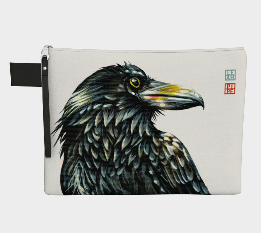 Carry-all zipper pouches featuring printed raven artwork 'The Watcher' by talented Canadian artist Leah Pipe. Denim-lined carry-alls come in 4 handy sizes to make toting and organizing almost anything effortless.