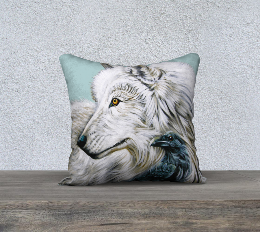 White Wolf Raven King -18x18 Pillow Cover