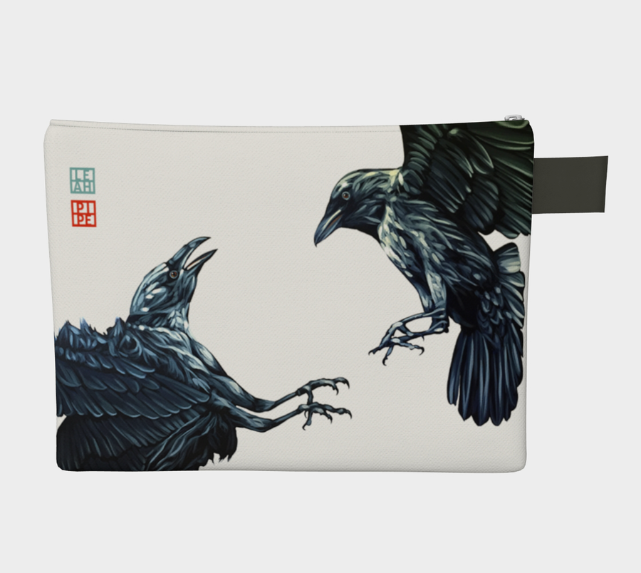 At the time of year for ravens to start building their nests and store food. These two ravens dance in the air vying for food for the winter. Be prepared, like the ravens.  Carry-all zipper pouches featuring printed artwork by talented Canadian artist Leah Pipe. Denim-lined carry-alls come in 4 handy sizes to make toting and organizing almost anything effortless.