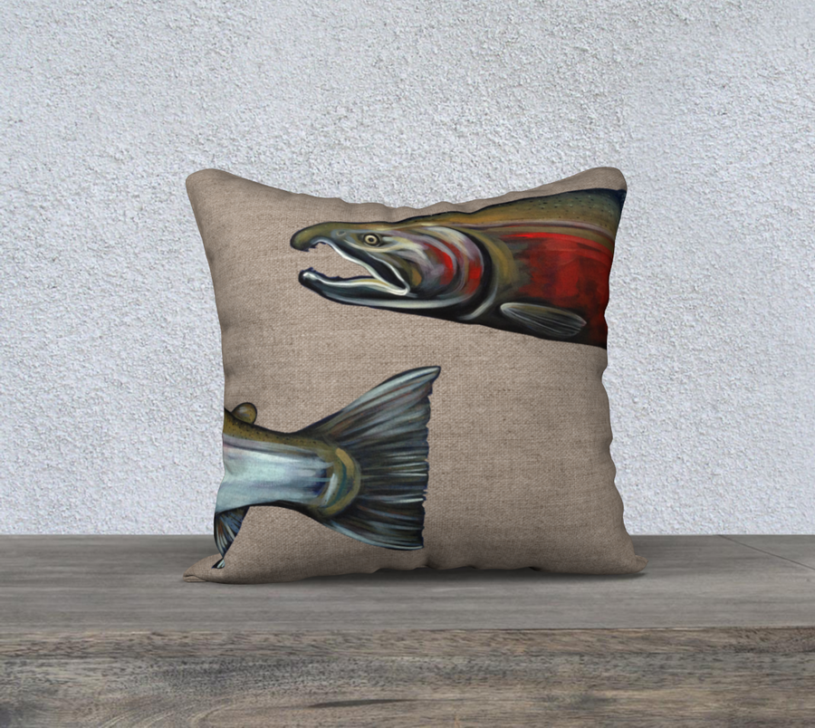 Pillow case with fish painting  by Canadian Artist Leah Pipe