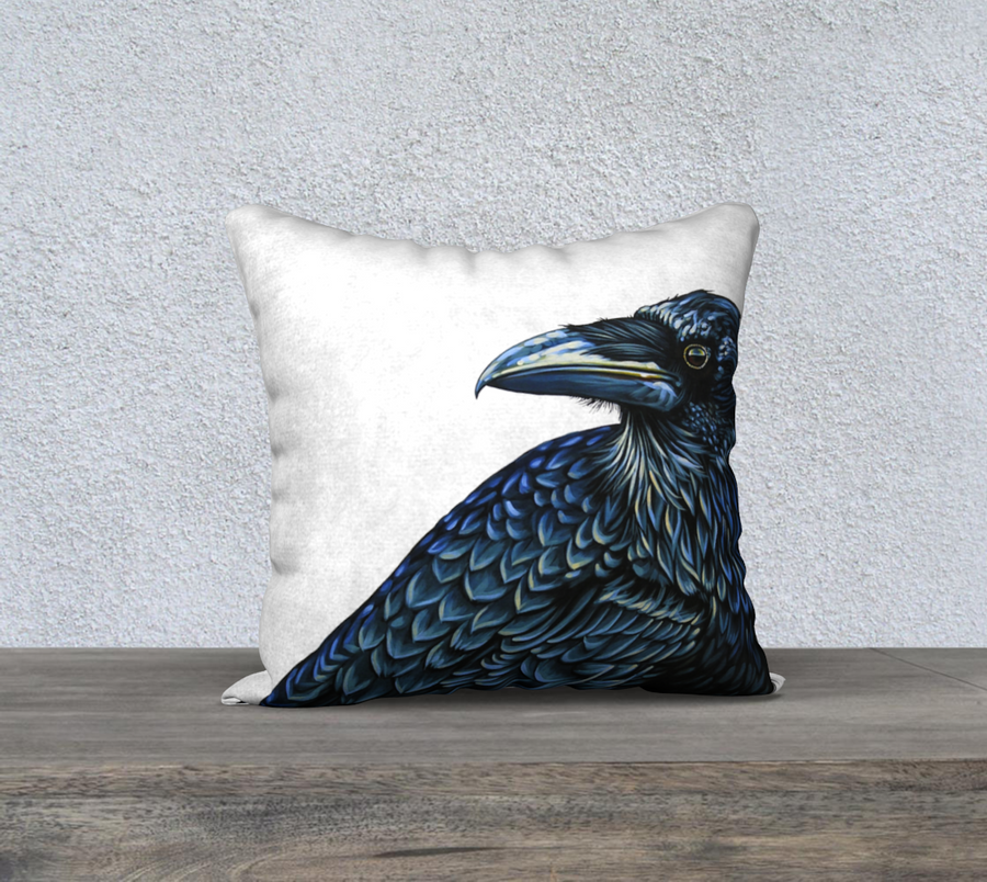 Pillow case with painting of a raven by Canadian Artist Leah Pipe