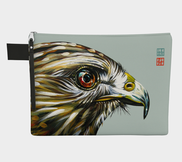 Carry-all zipper pouches featuring printed artwork of 'Little Hawk' by talented Canadian artist Leah Pipe.