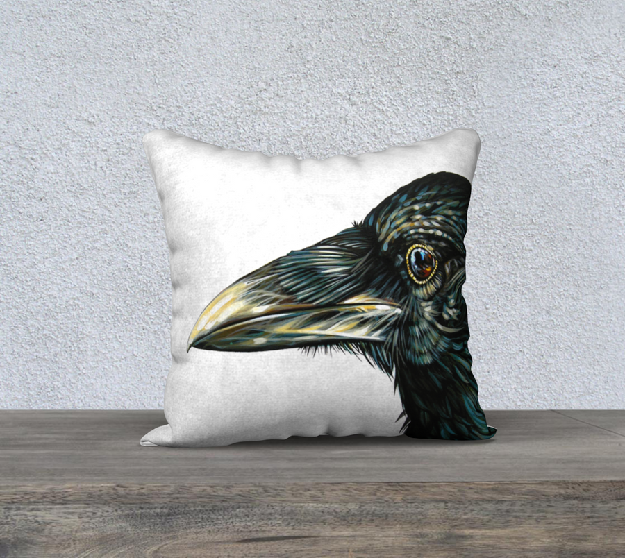 Pillow case with painting of a raven by Canadian Artist Leah Pipe