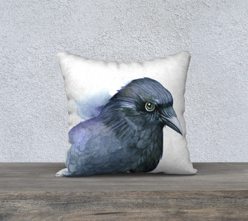 Pillow case with a watercolour painting of a raven by Canadian Artist Leah Pipe