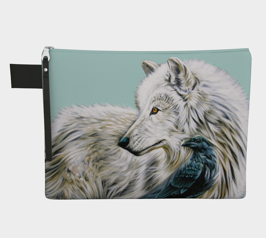 Carry-all zipper pouches featuring printed artwork of a wolf & a raven by talented Canadian artist Leah Pipe. Denim-lined carry-alls