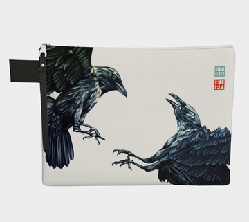 At the time of year for ravens to start building their nests and store food. These two ravens dance in the air vying for food for the winter. Be prepared, like the ravens.  Carry-all zipper pouches featuring printed artwork by talented Canadian artist Leah Pipe. Denim-lined carry-alls come in 4 handy sizes to make toting and organizing almost anything effortless.