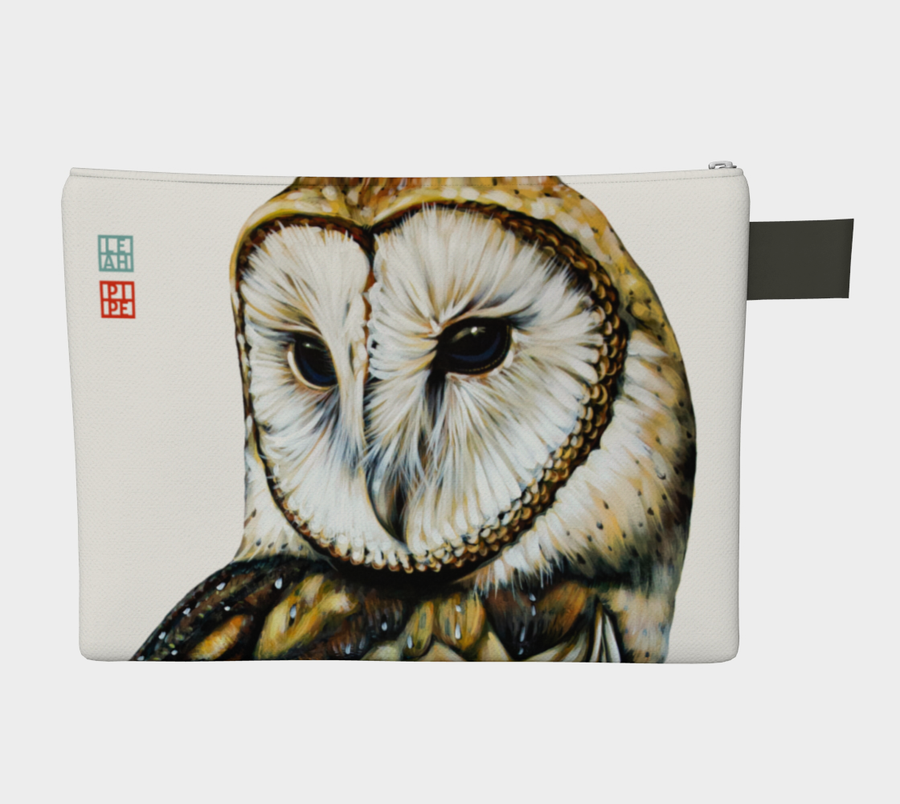For each household there is an owl that is assigned to guard the home. They come out at night to hunt and keep an eye out for the homestead.  Carry-all zipper pouches featuring printed artwork by talented Canadian artist Leah Pipe. Denim-lined carry-alls come in 4 handy sizes 