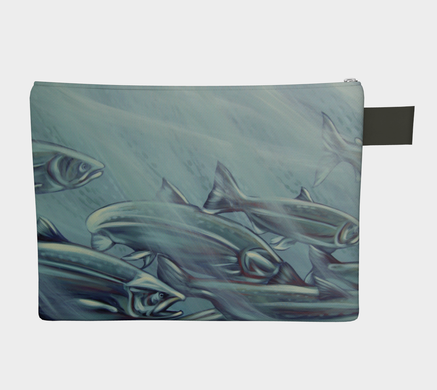 Carry-all zipper pouches featuring printed artwork of steelhead salmon swimming by talented Canadian artist Leah Pipe. Denim-lined carry-alls come in 4 handy sizes